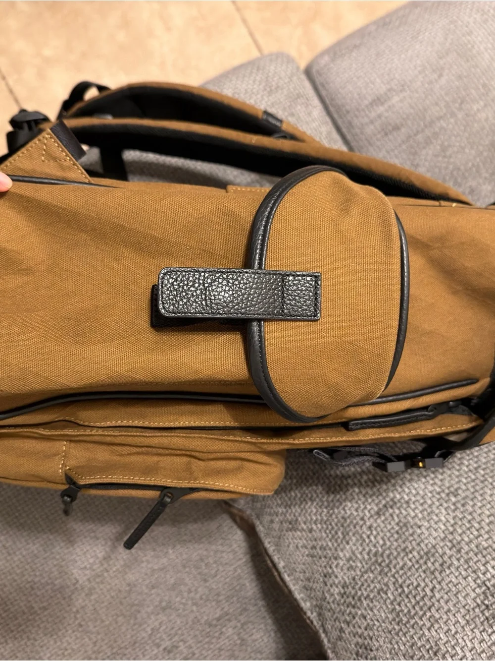 Men's Tan Canvas Travel Backpack with Black Trim